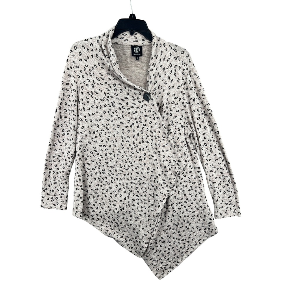 Bobeau Leopard Print Asymmetric Drape Front Cardigan Size L Chic‎ Layering